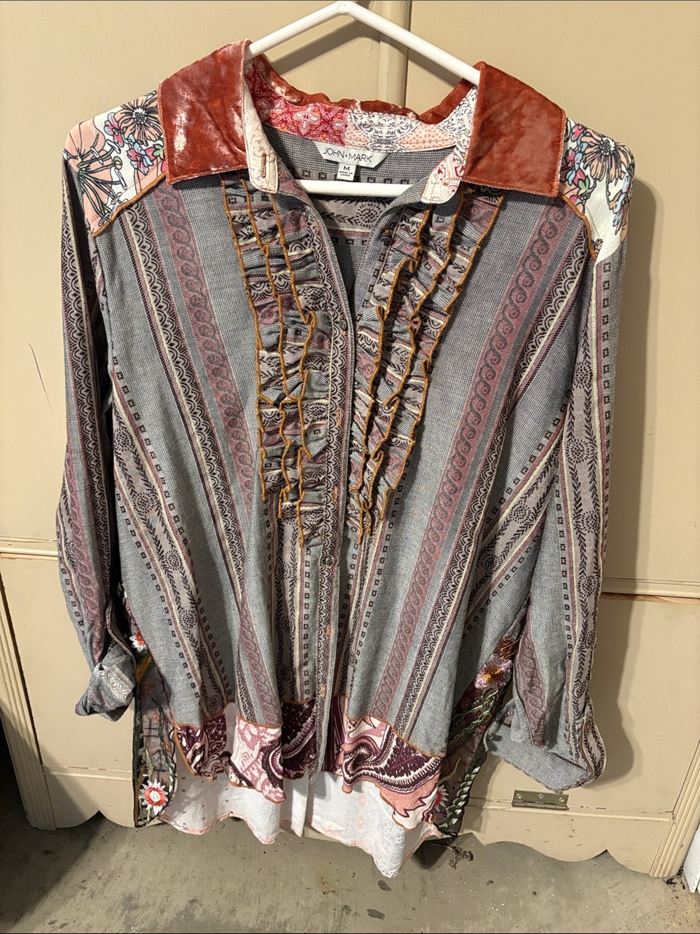 John Mark Mixed-Print Ruffle-Front Button Down Shirt in Rust and Gray